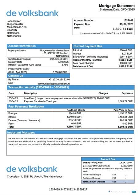 Download Netherlands De Volksbank mortgage statement Word and PDF template Photoshop template